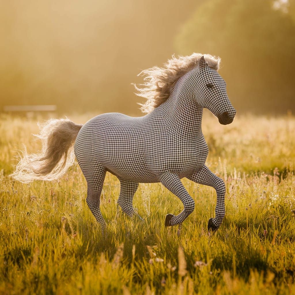 Gingham Print Horse Gallops in Sunlit Meadow