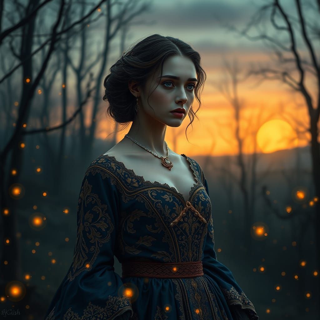 Regal Woman Lost in Thought Amidst Mystical Forest