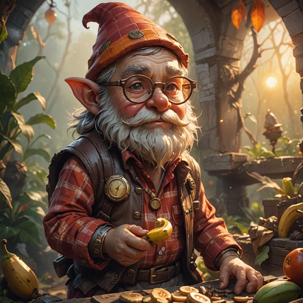 Gnome Picking Bananas in Hyperrealistic Style