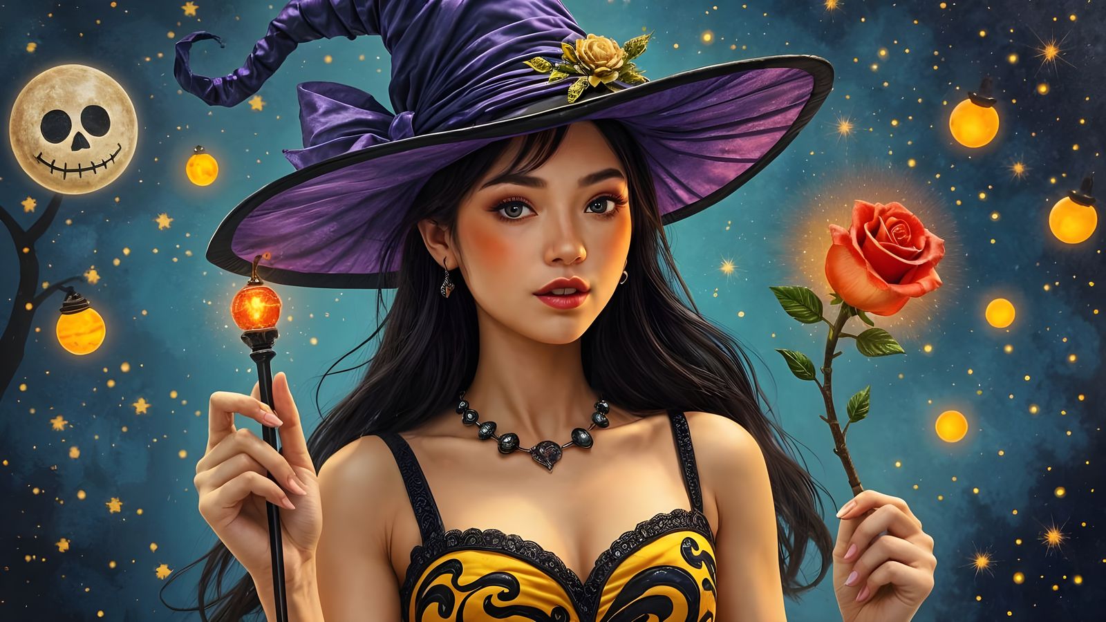Gorgeous Asian Witch in Fantasy Dusk, Expressionist Style