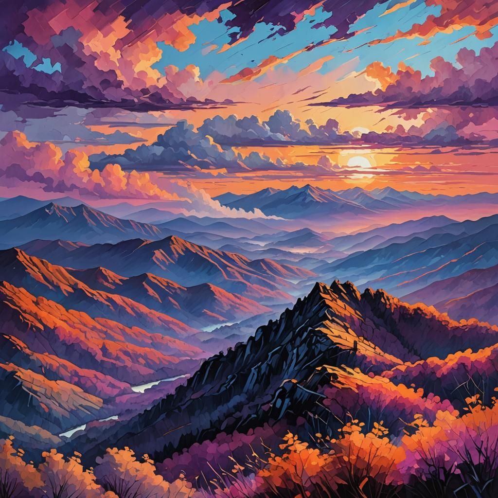 Blue Ridge Mountains Sunset: Vibrant Palette Knife Painting