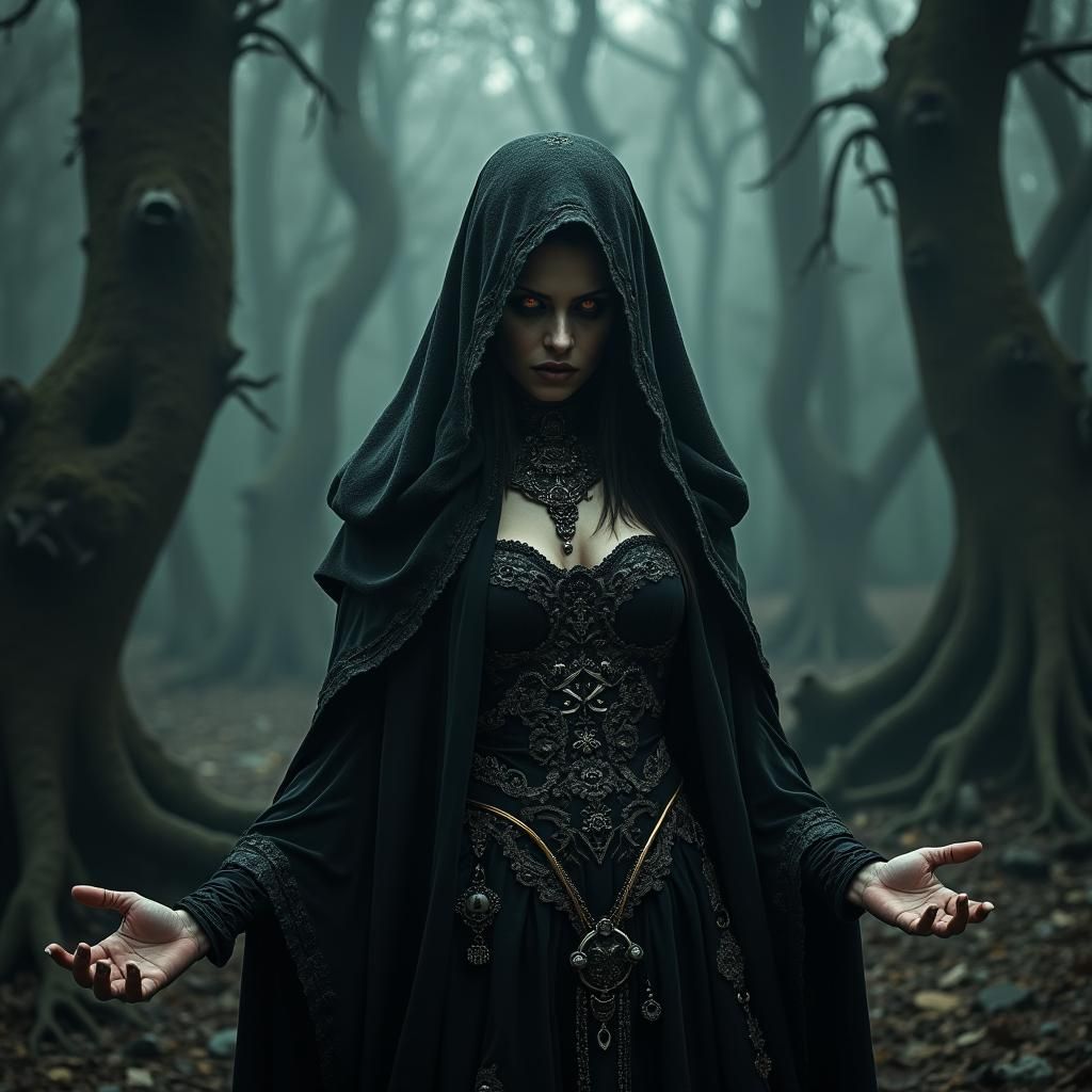 Eerie Woman in Gothic Attire, Hyperrealistic Dark Fantasy
