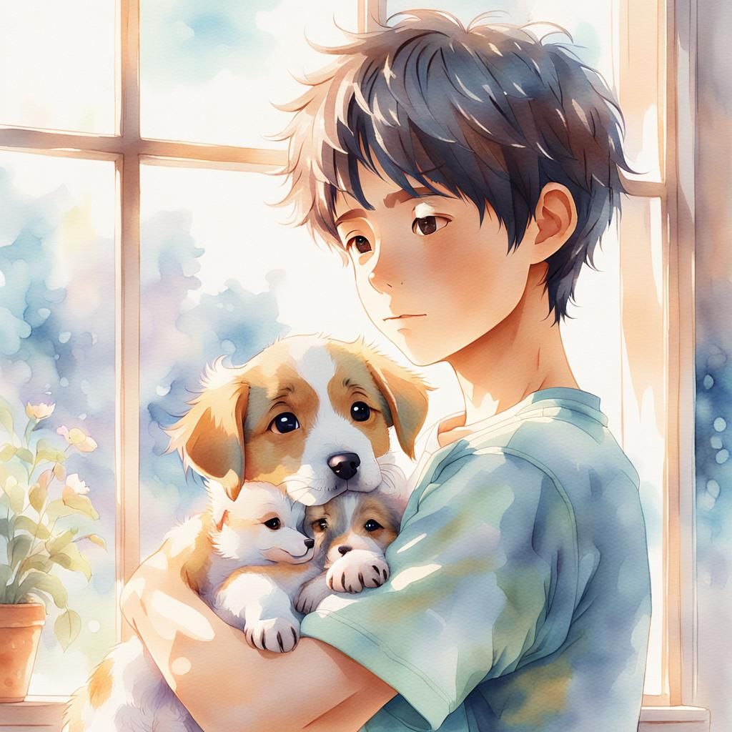 Boy Holding Puppy in Anime Watercolor Style