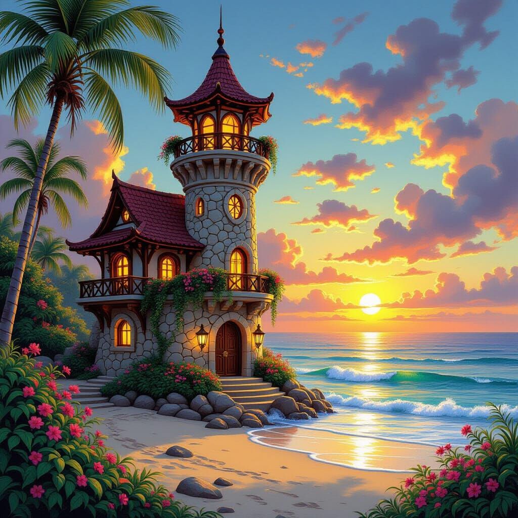 Majestic Beachfront Mage's Tower at Sunset