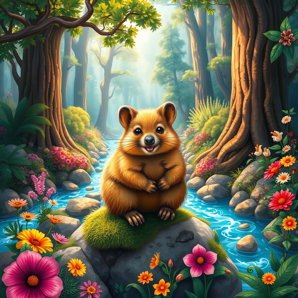 Radiant Quokka in Lush Forest, Whimsical Art Style