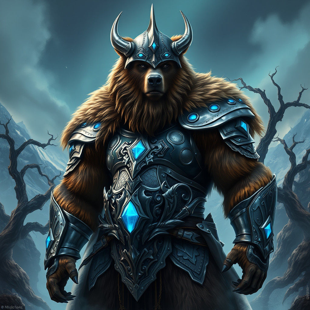 Viking-Bear Hybrid in Silver Armor Under Aurora