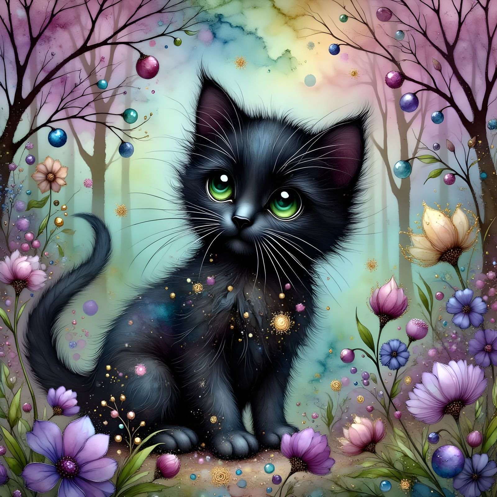 Black Kitten in Pastel Magical Forest with Golden Stars