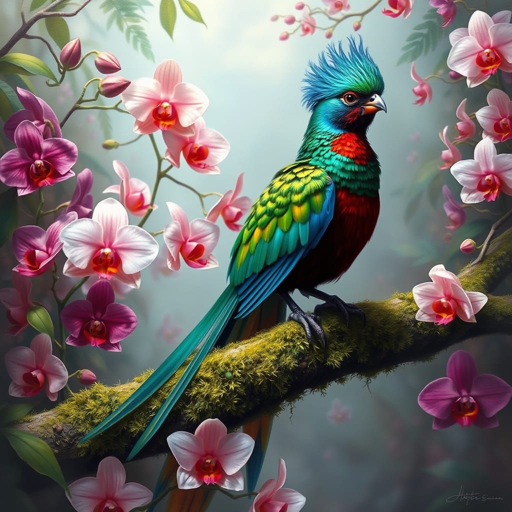 Surreal Quetzal Bird Perches in Vibrant Orchid Sanctuary