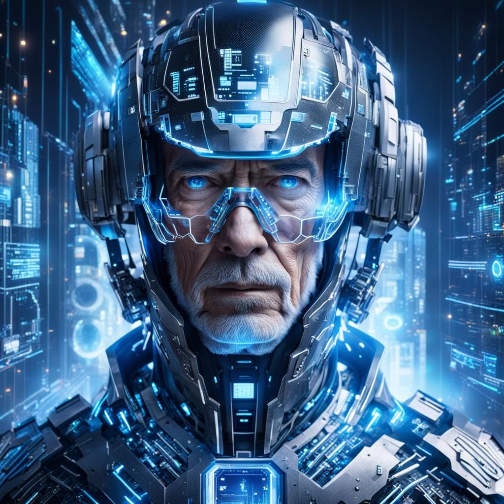 Hologram Man in Futuristic Cityscape