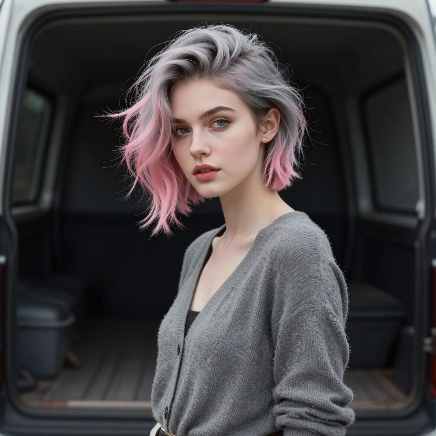 Swedish Beauty with Grey-Pink Hair in Truck Cabin