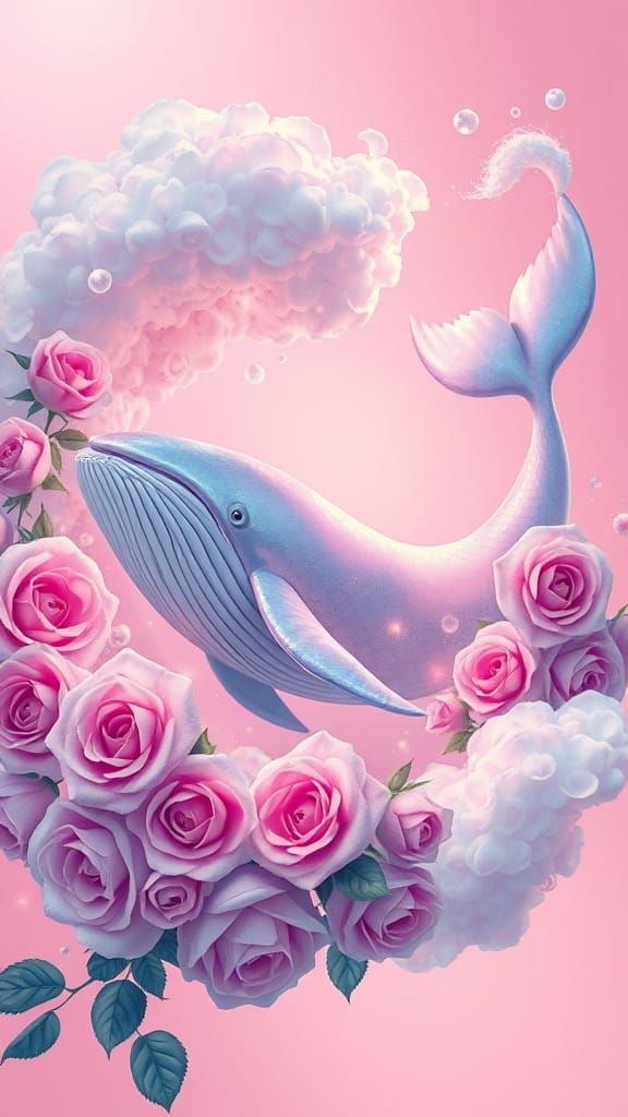 Whale in a Swirling Rose Vortex, Acrylic Paints, 5D Fantasy