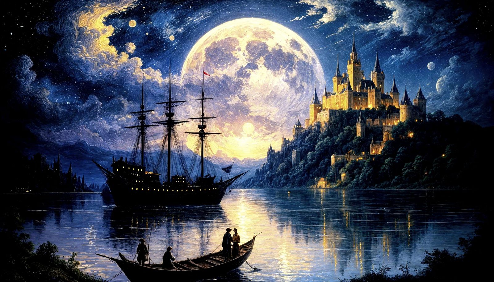 Fantasy Ship and Castle Under Moonlight: Oil Painting