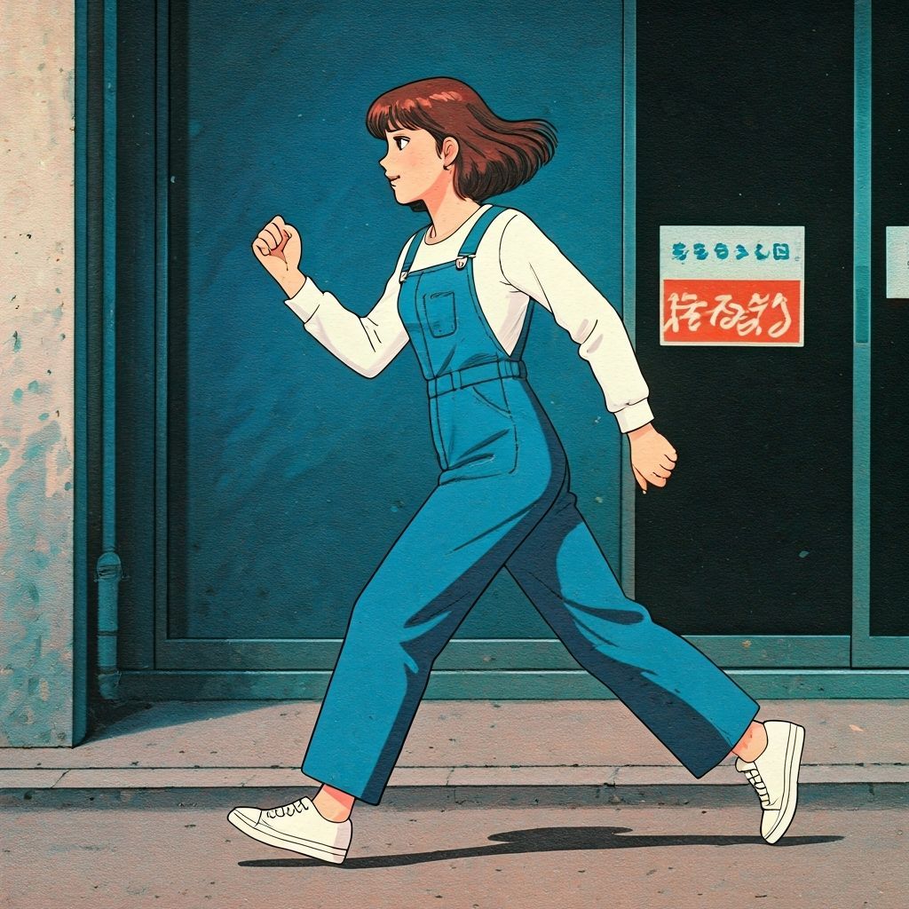 Anime Woman Running in Tokyo Street, 1980s Style