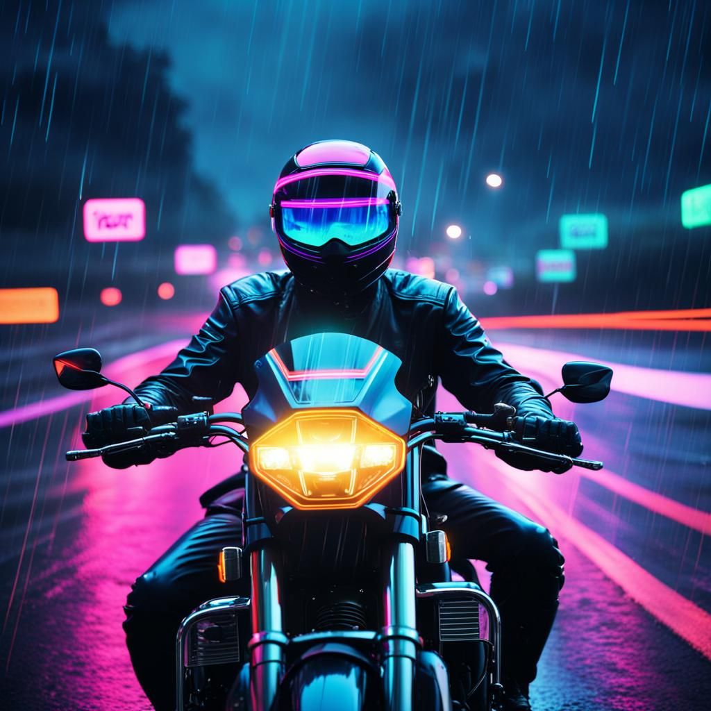 Synthwave Motorcyclist Speeds Down Neon Highway