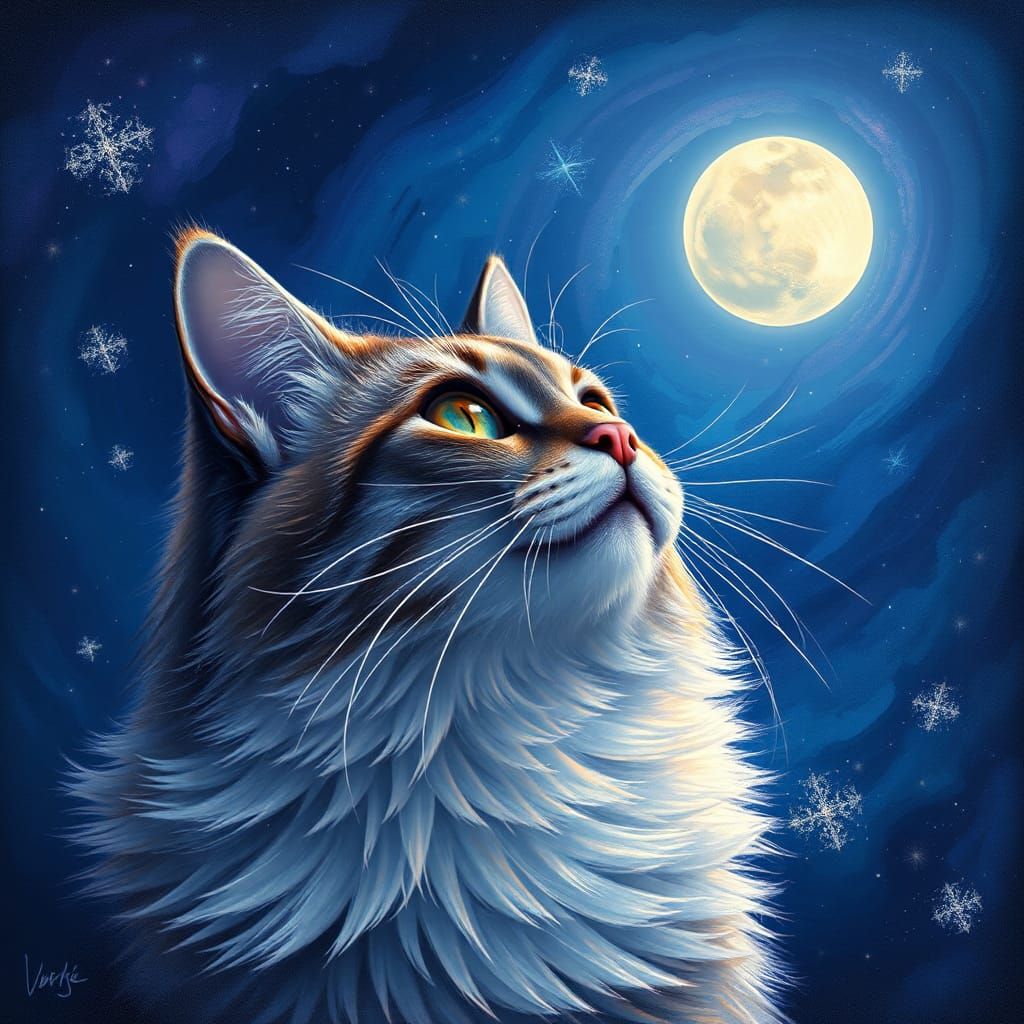 Iridescent Cat Gazing at Moon in Astral Illustration