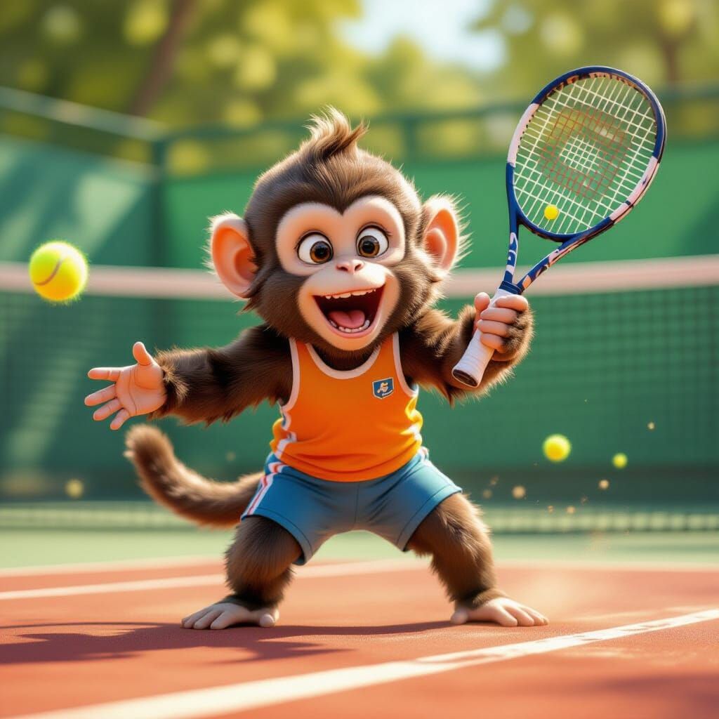 Playful Monkey Serves Ace in Whimsical Tennis Illustration
