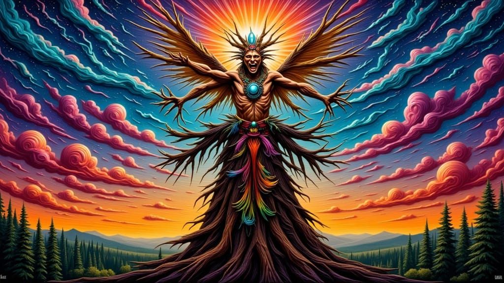 Fractal Shaman Summons Storm as Impasto Painting