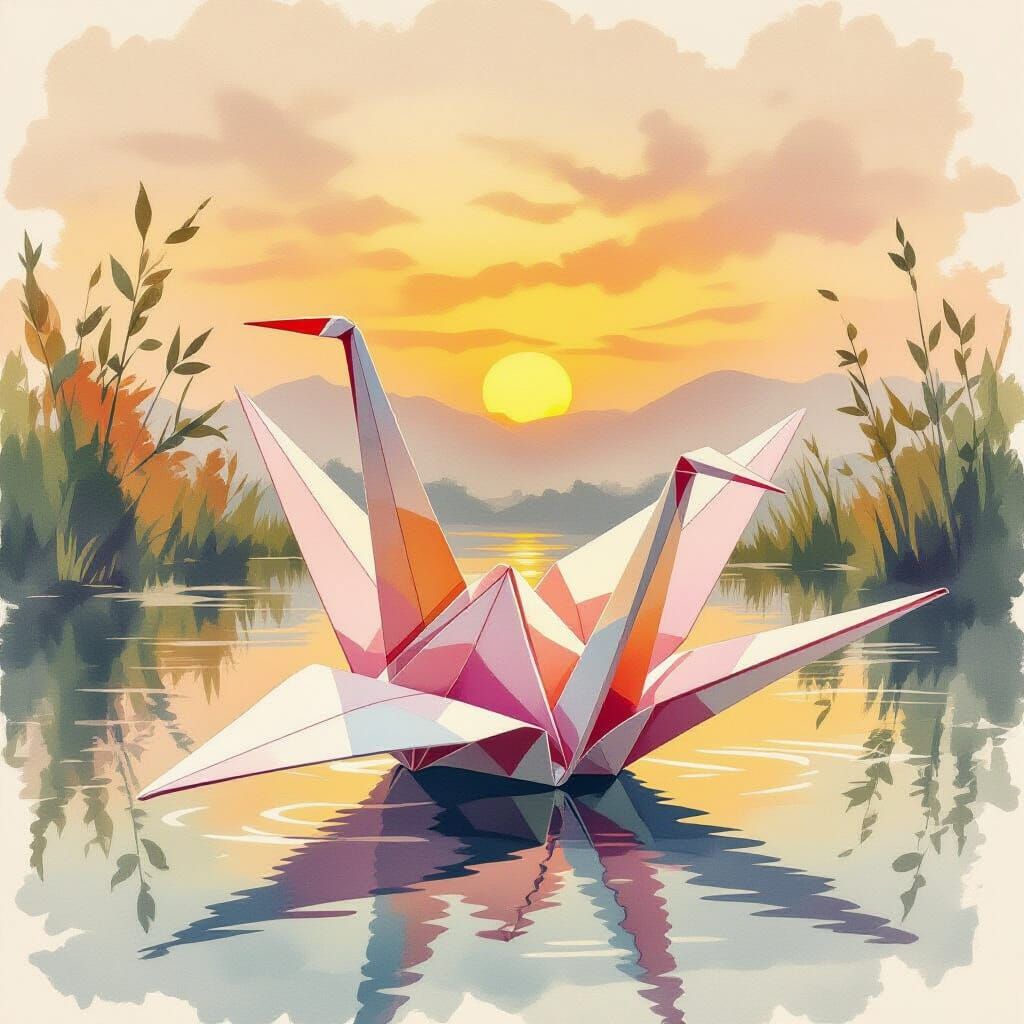 Vibrant Origami Crane with Impressionistic Brushstrokes
