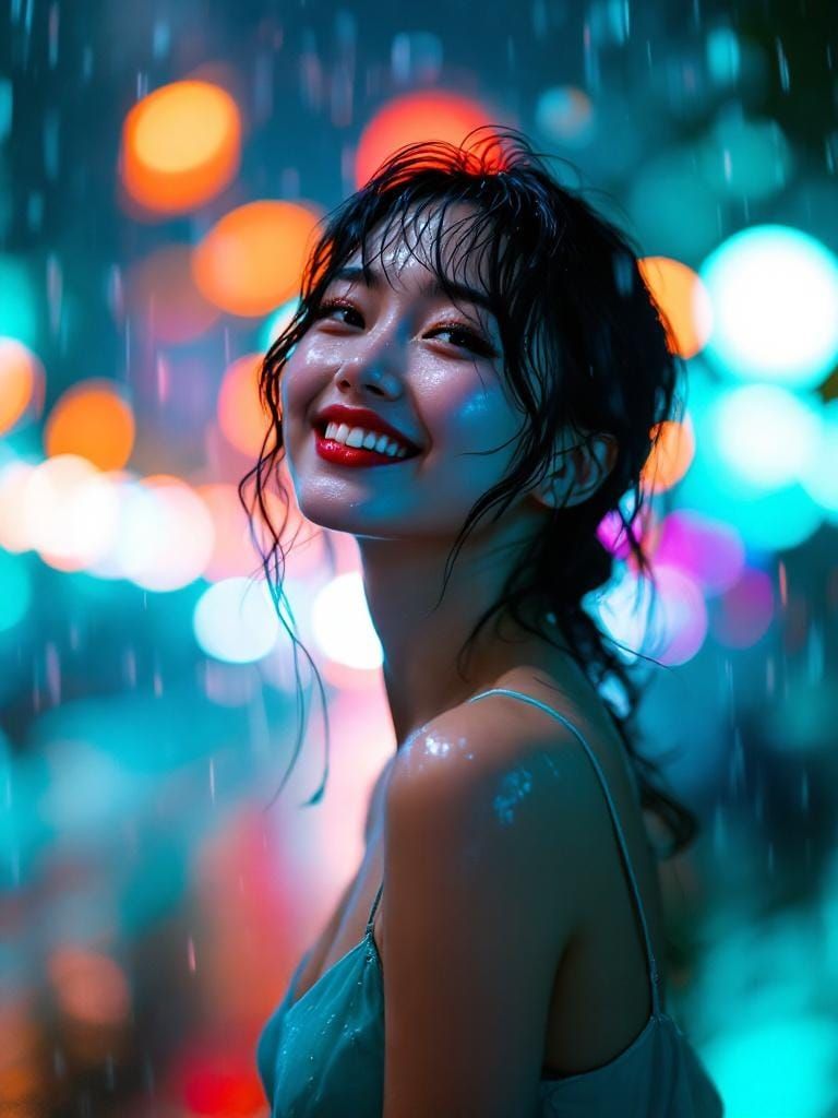 Joyful Japanese Woman in Rainy City Night Portrait