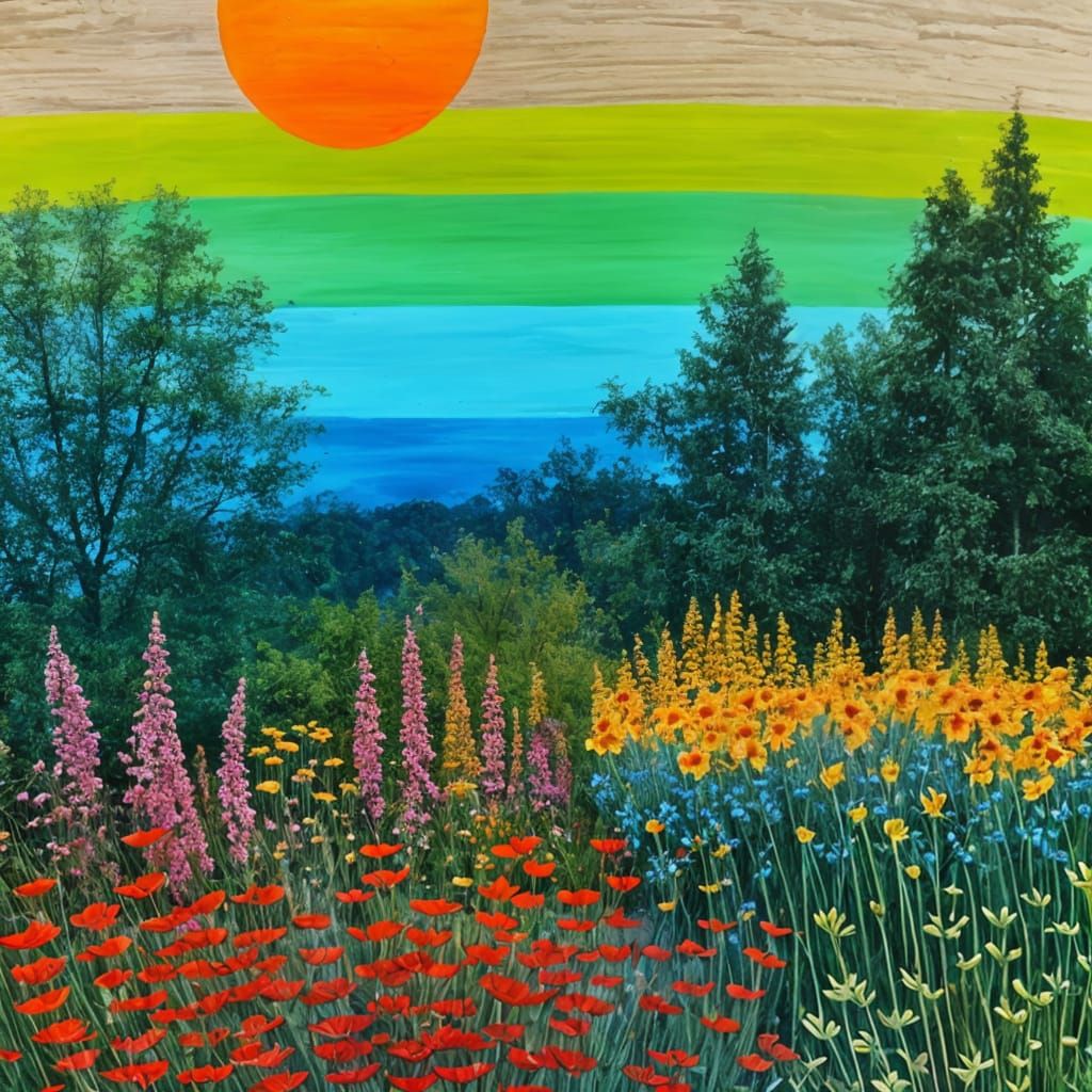 Rainbow Garden Gate Linocut Print in Naive Art Style