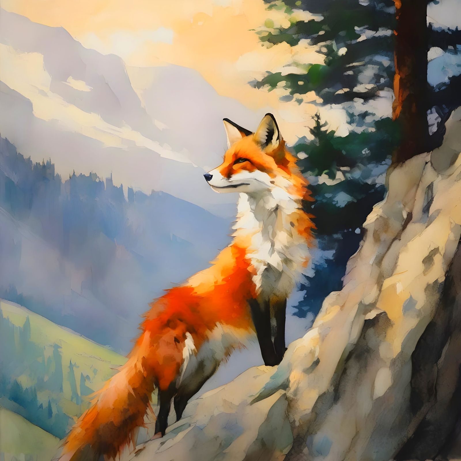 Red Fox Perched on a Windswept Cliff in Impressionistic Wate...