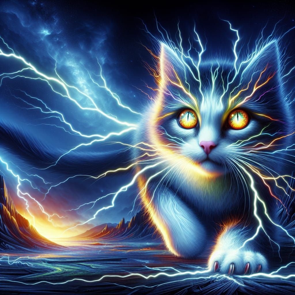 A playful storm cat with eyes like lightning, stalking a dar...