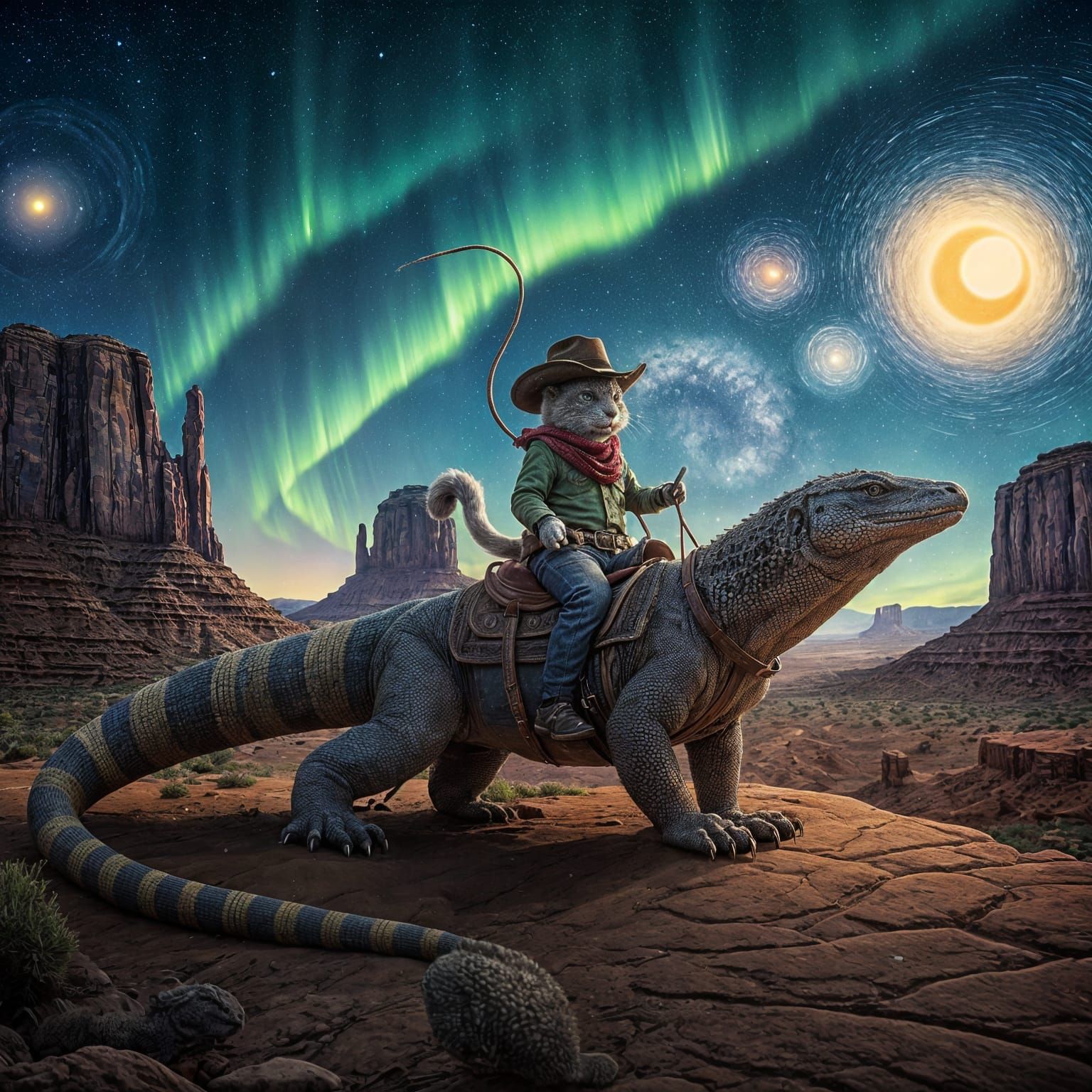 Fluffy Cat Cowboy Rides Lizard Under Aurora Sky