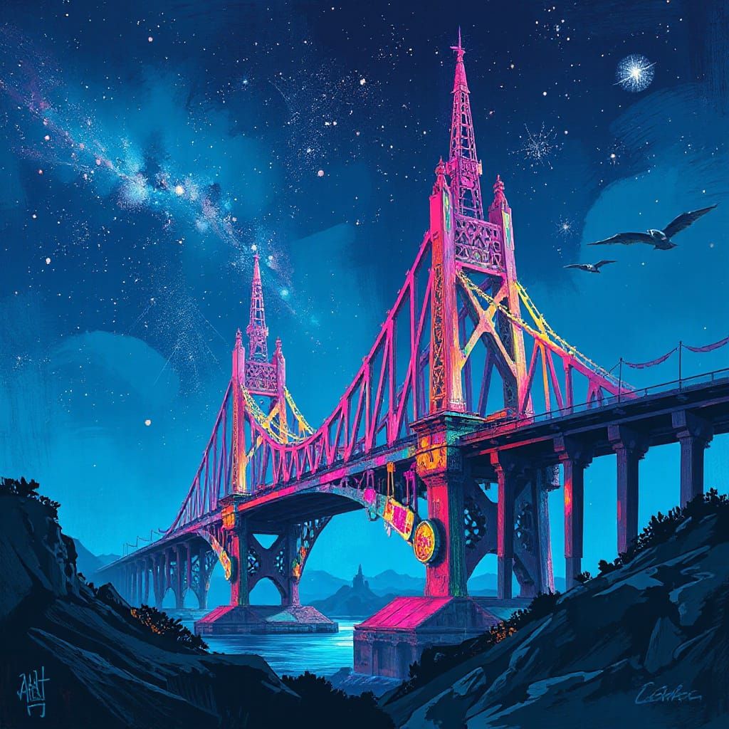 Fantastical Bridge at Night in Cyberpunk Style