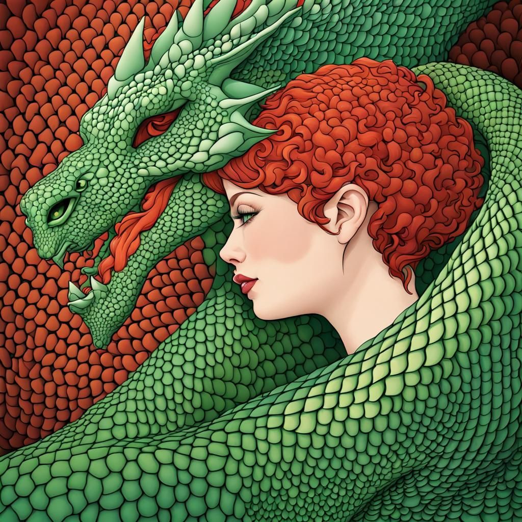 Woman and Dragon in Abstract Fractal Design