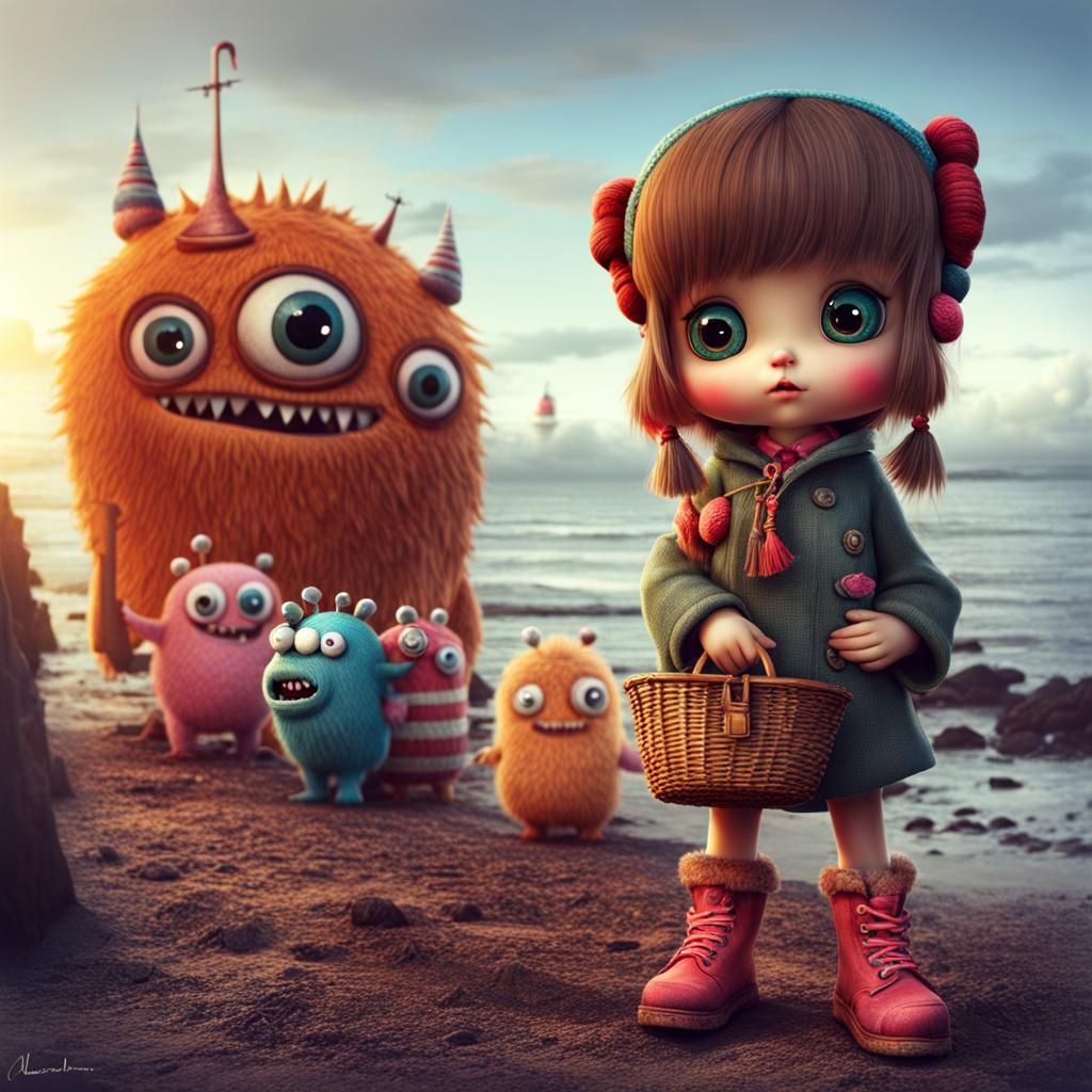 Girl and Cute Monster on Shore in Jansson Style