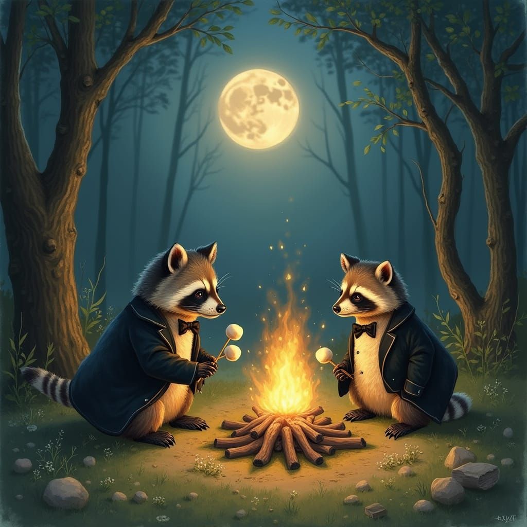 Raccoons in Tuxedos Roast Marshmallows: Vintage Storybook Ar...