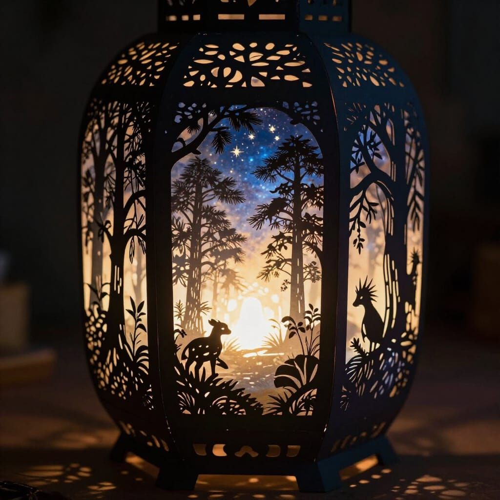 Ornate Paper Lantern with Forest and Stars