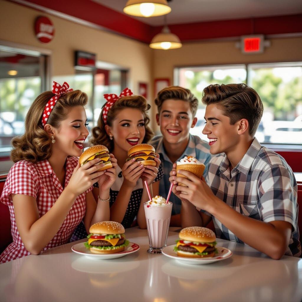 1950s Teens Enjoying Malt Shop Treats in Photorealistic Styl...