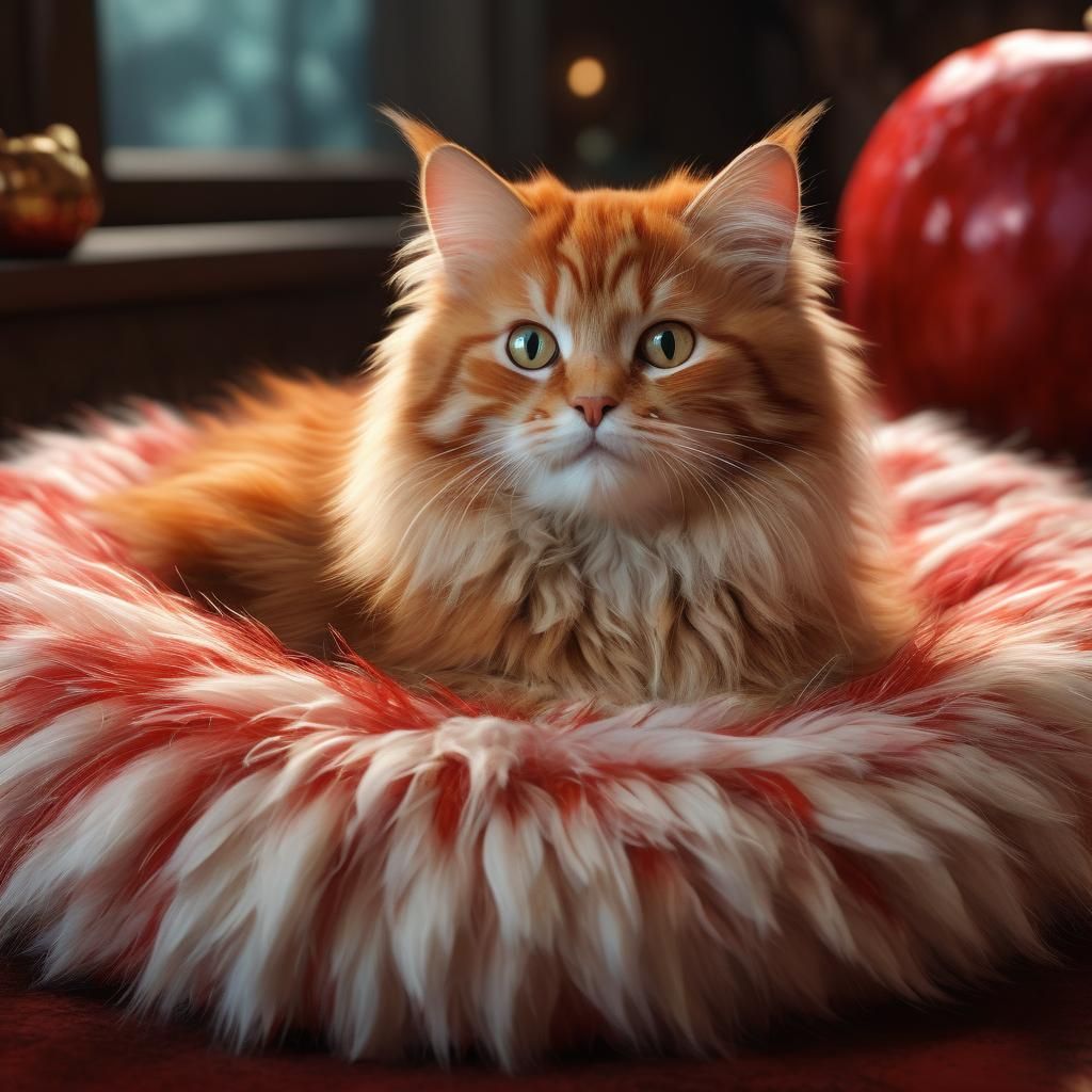 Fluffy Red Kitten on Candy Apple Bed in Matte Painting Style