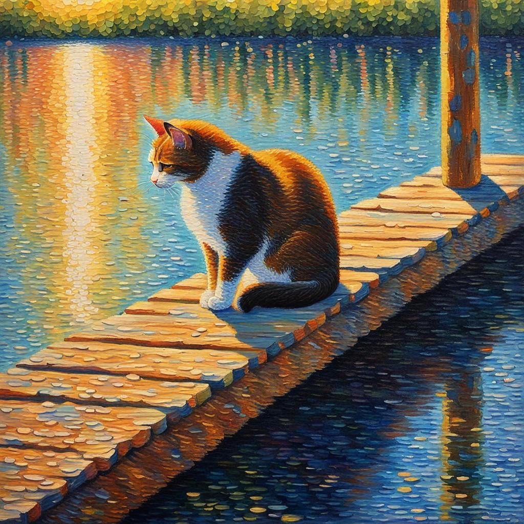 Pointillist Cat Fishing on Serene Lake