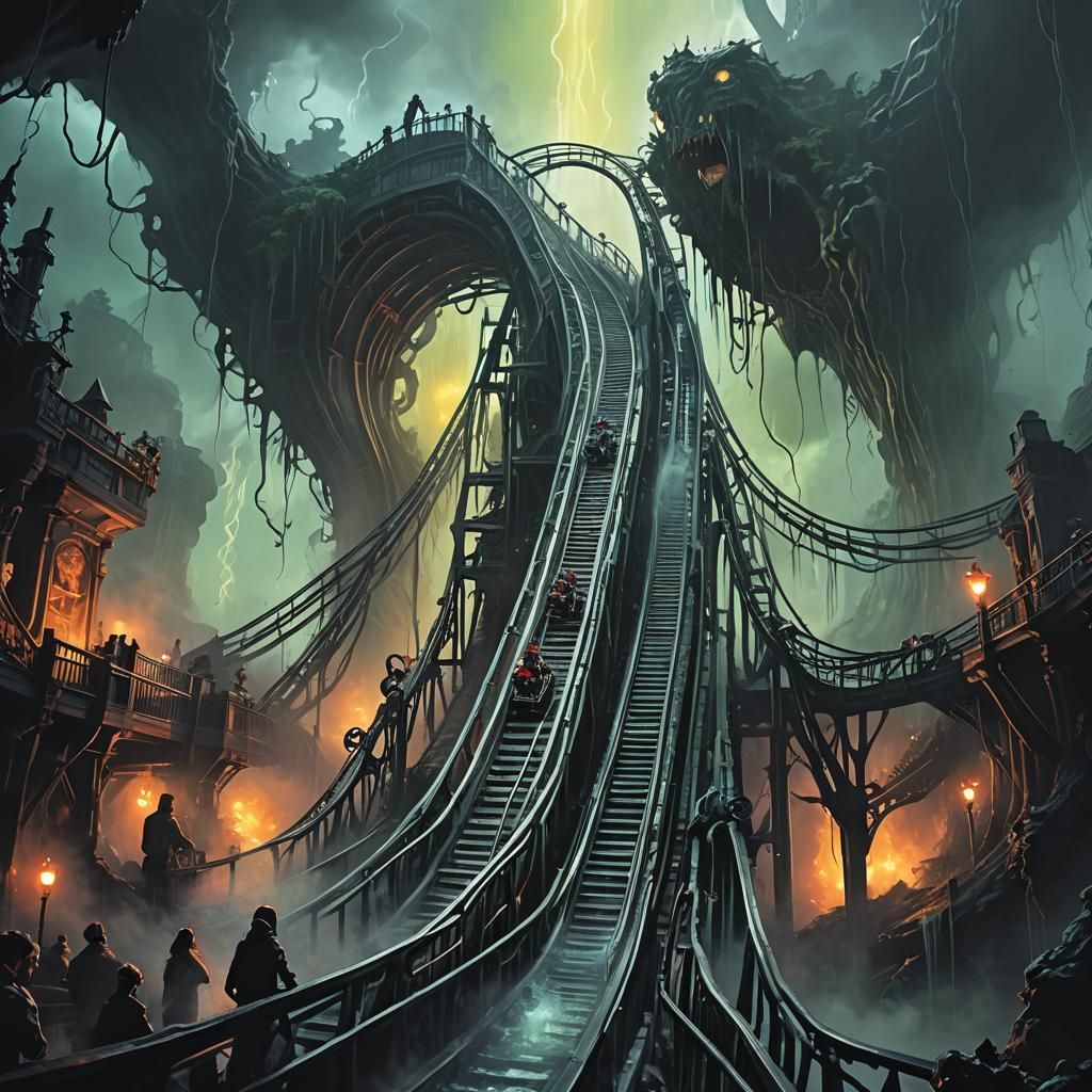 Horror Rollercoaster Ride in Eerie Theme Park Art