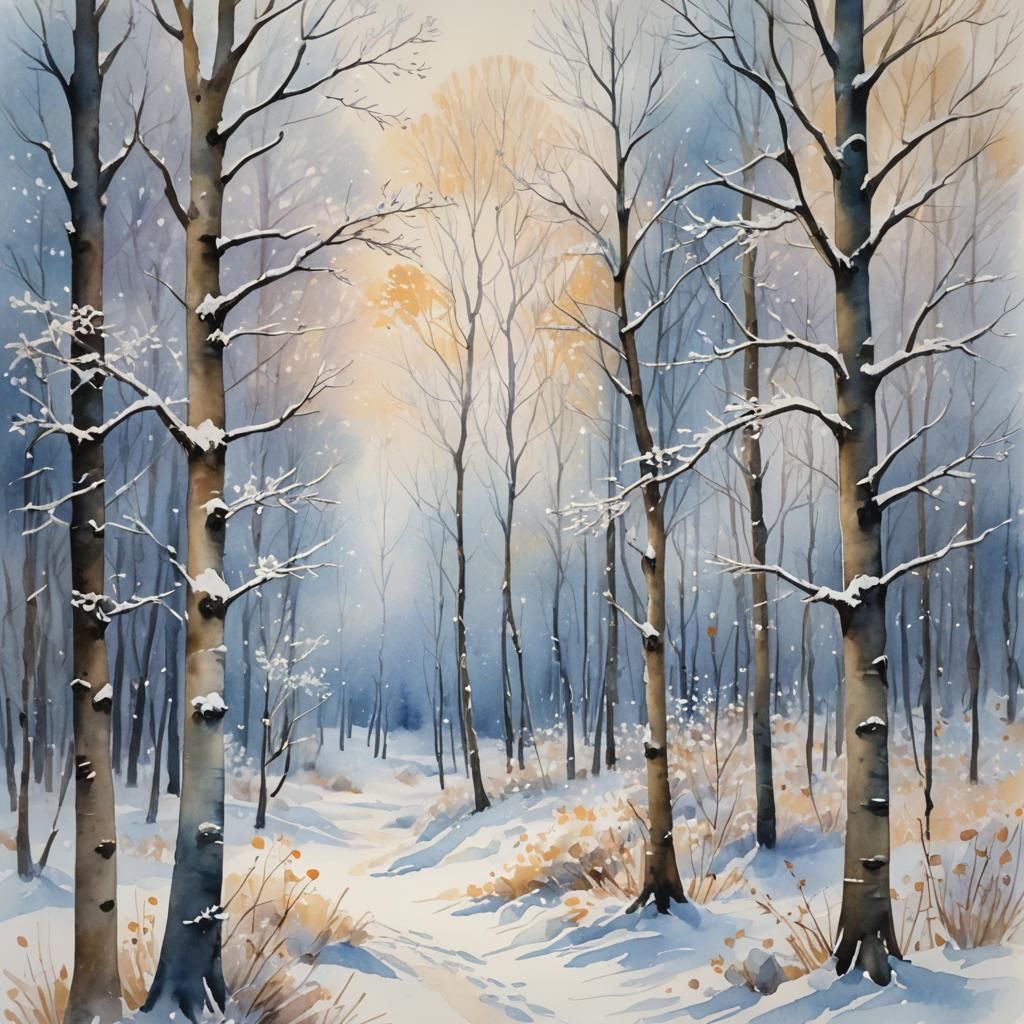 Snowy Forest in Dreamy Impressionist Watercolour