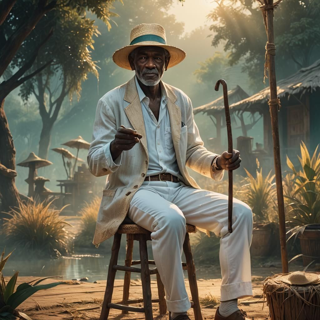 Old Man with Cane in Fantasy Landscape