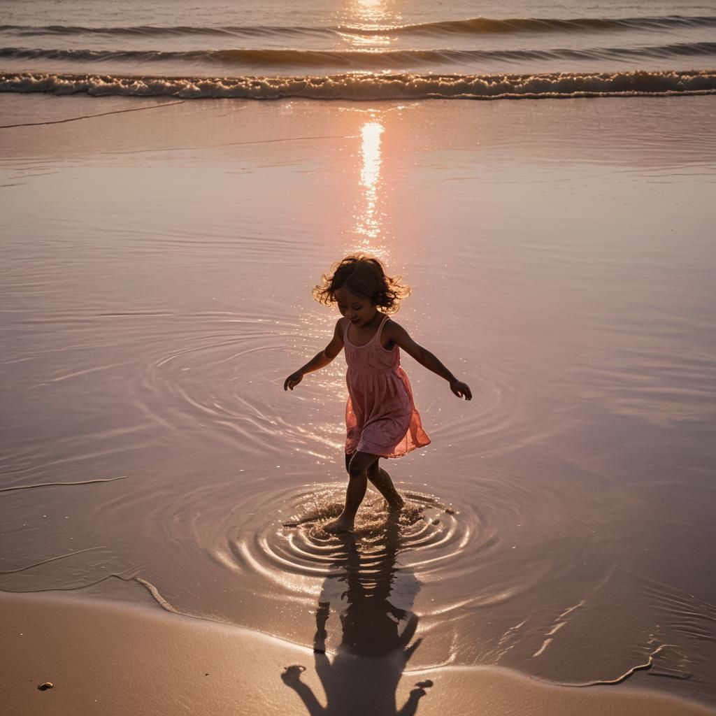 Child's Joyful Silhouette on Beach at Sunset
