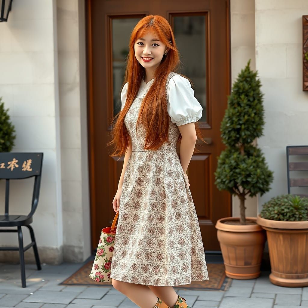 wearing a cottage core jacquard A-Line Pinafore dress