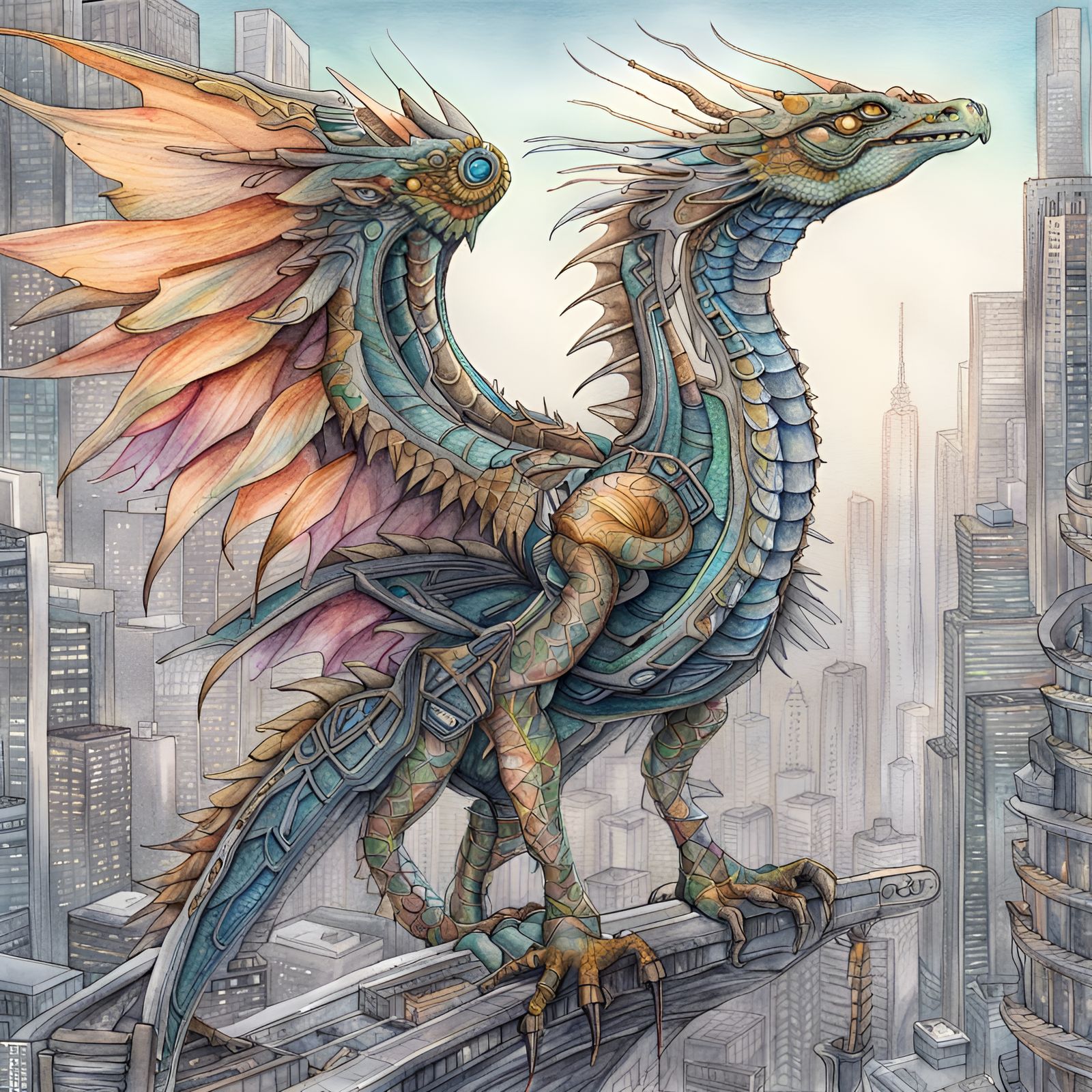 Cyber-Dragon Hybrid in Cyberpunk City, Digital Art