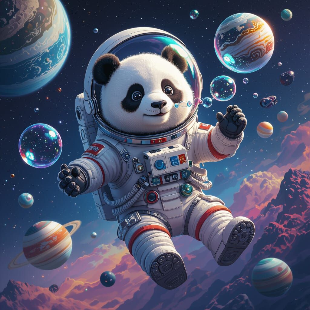 Panda Astronaut Blowing Planet Bubbles in Deep Space
