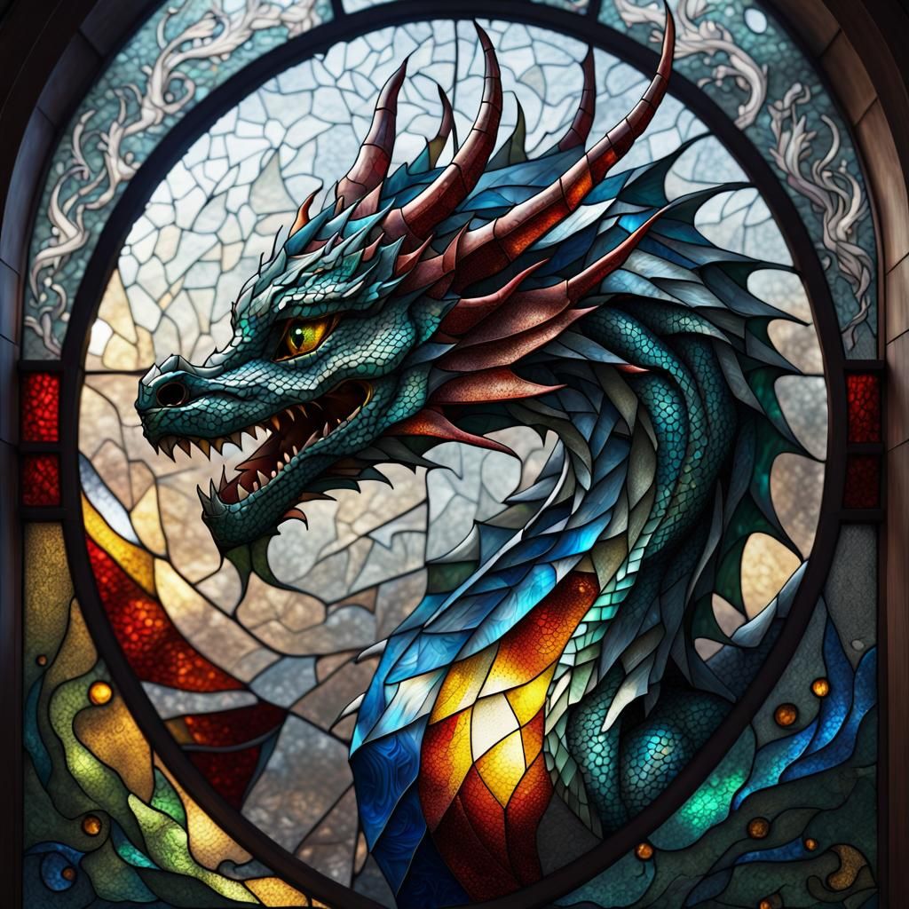 Dragon Stained Glass Window in Pointillist Style