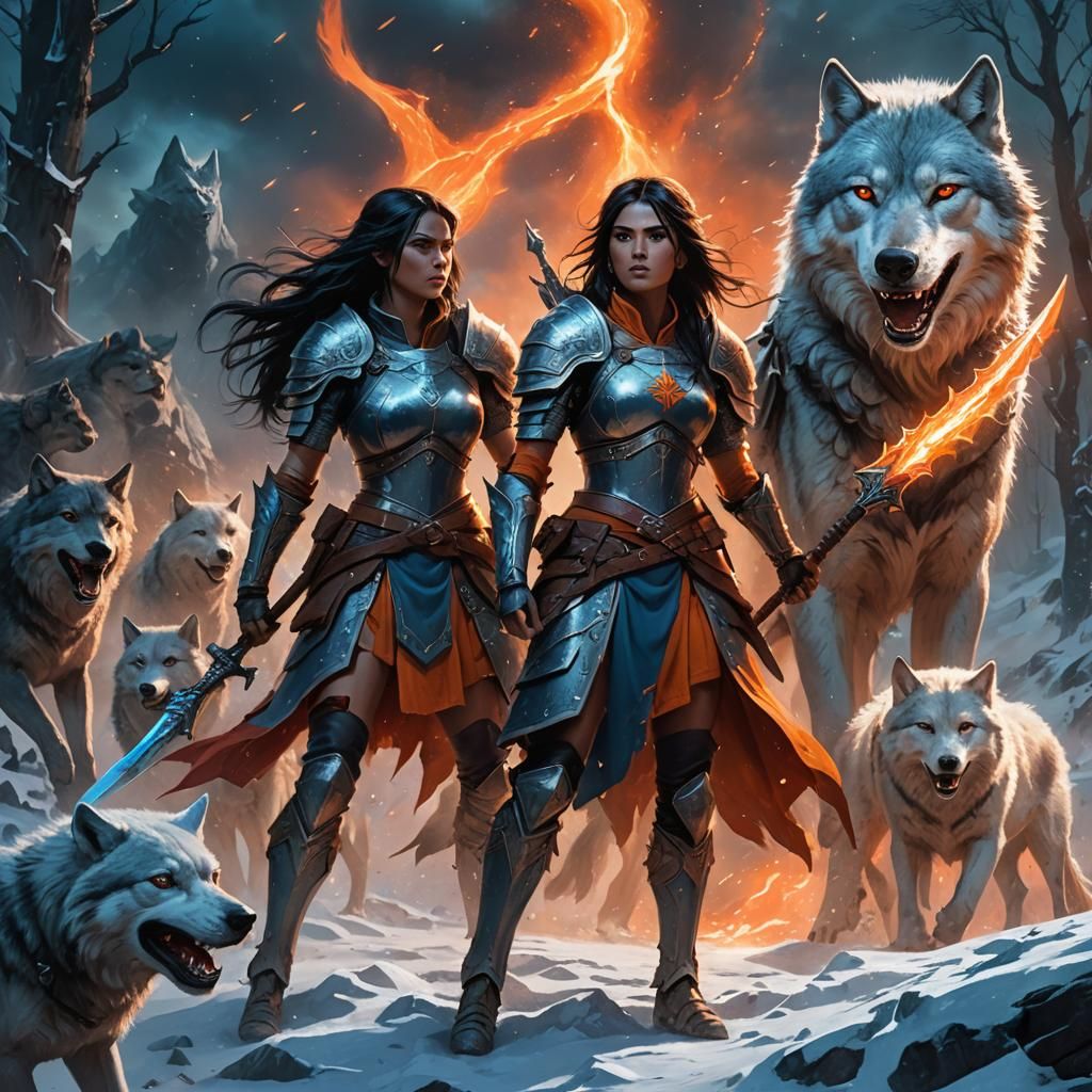 Heroic Female Warrior with Wolves in Fantasy Landscape