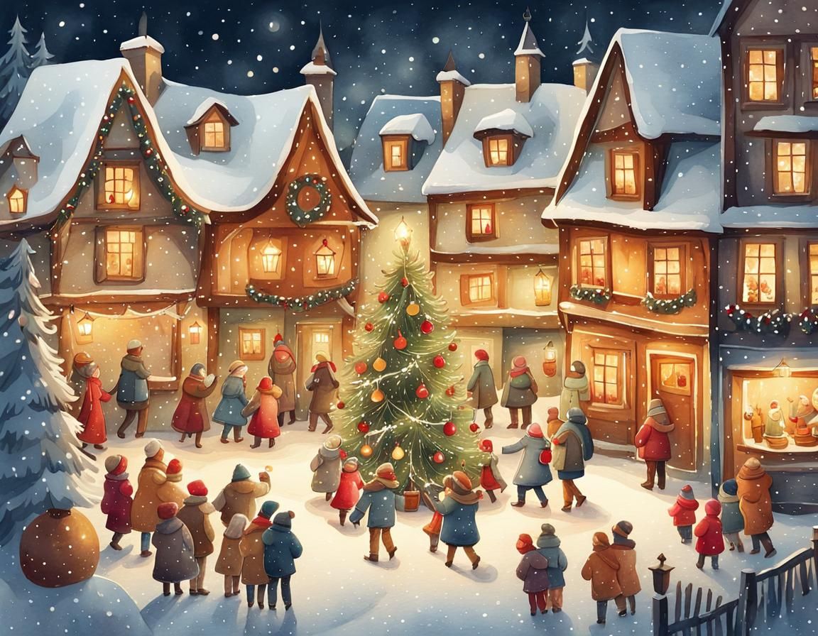 Festive Village Square in Watercolor and Ink Style