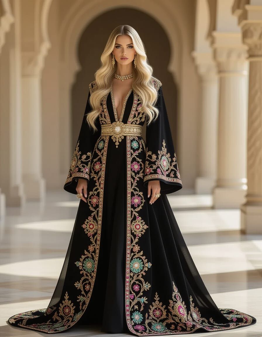 Regal Blonde in Luxurious Abaya: Fine Art Photography