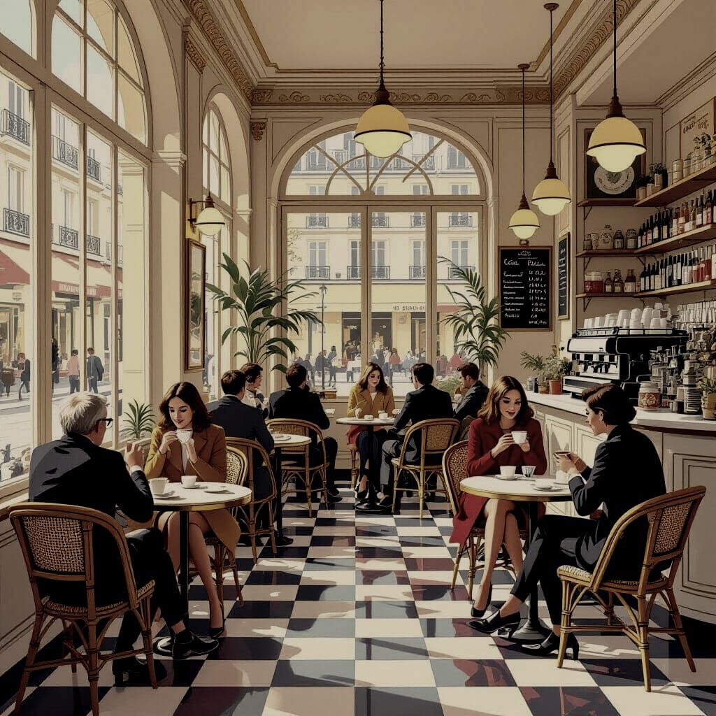 1960s Parisian Cafe Scene in Mid-Century Illustration Style