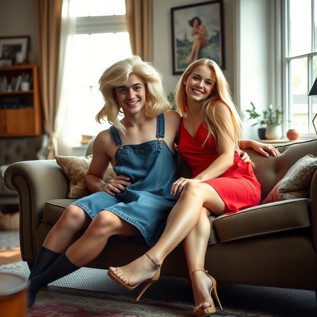 Young Man Crossdressing in 1960s-Style Dress, Endearingly Si...