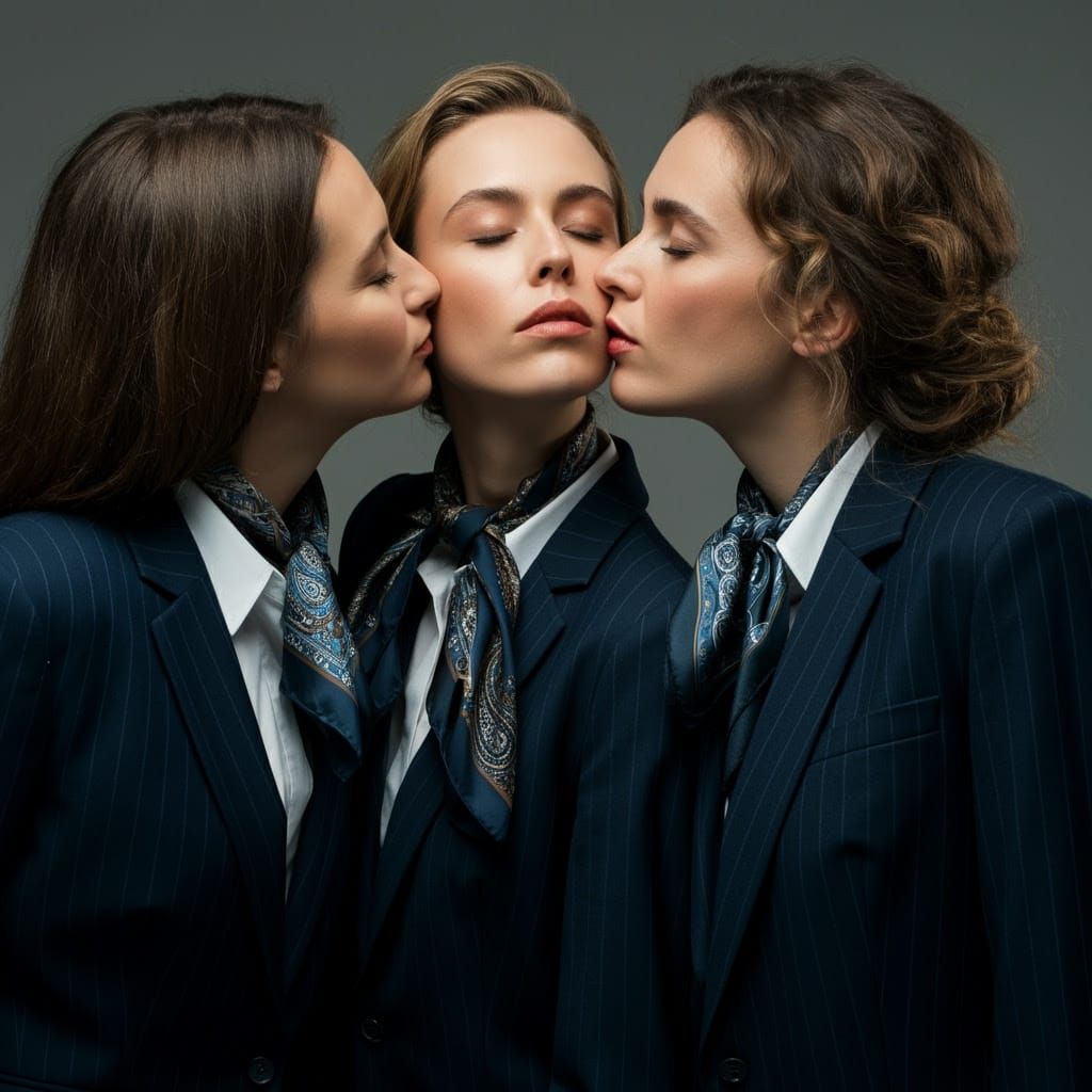 Three Women in Elegant Business Suits Share a Tender Moment