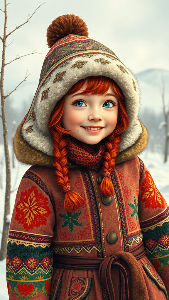 Playful Yakut Girl in Bilibin-Inspired Folk Art Style